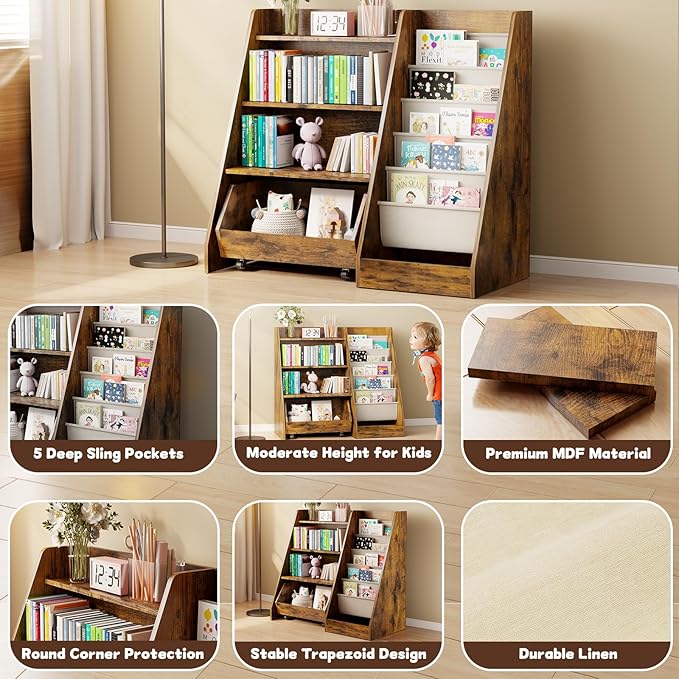 COZPAW Kids Bookshelf and Toy Storage, 4 Tier Toddler Bookshelf with Movable Drawer 5 Sling Pockets, Montessori Book Shelf for Kids Room, Playroom, Nursery (Brown)