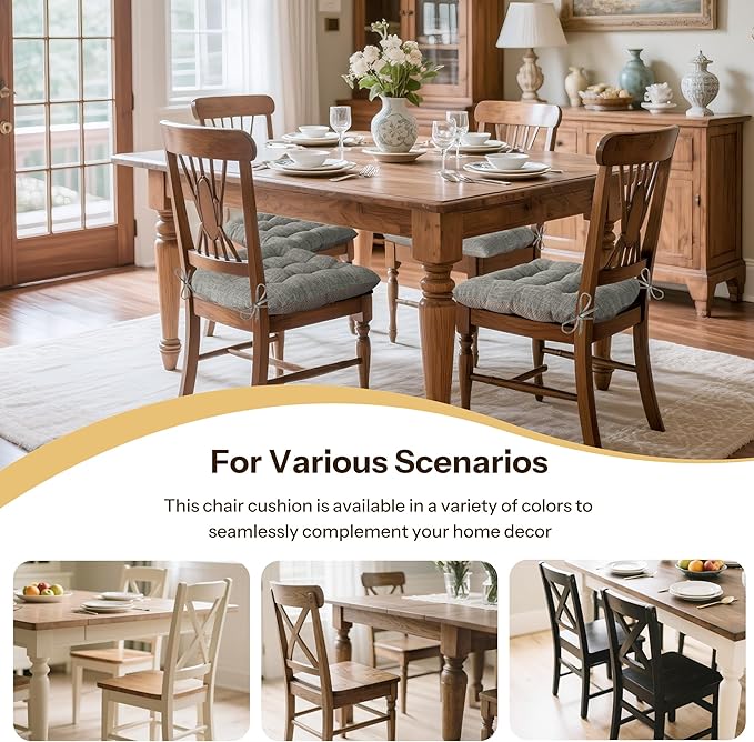 Non Slip Chair Cushions for Dining Chairs Set of 4 Kitchen Chair Cushions 18"x18"x3" Turfted Chair Pads Comfortable and Soft Seat Cushion with Ties, Light Grey