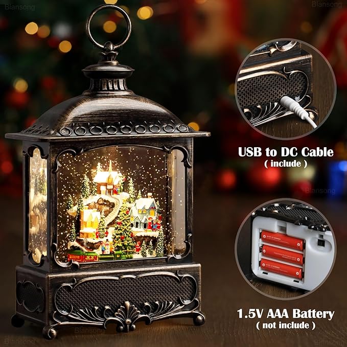 Village Snow Globe Christmas Decorations Gifts Auto Snowfall Glitter Music Collection Village Scene Train Tree Church Snowman with 6H Timer USB/Battery Powered 12 inch