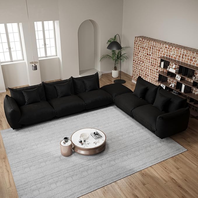 Modern Minimalist Chenille Modular Sectional Sofa, Oversized Deep-Seat U-Shaped Couch with Movable Ottoman, Thick Cushions, Upholstered Sofa for Living Room, Bedroom, Office, Apartment Black 1 Ottoman