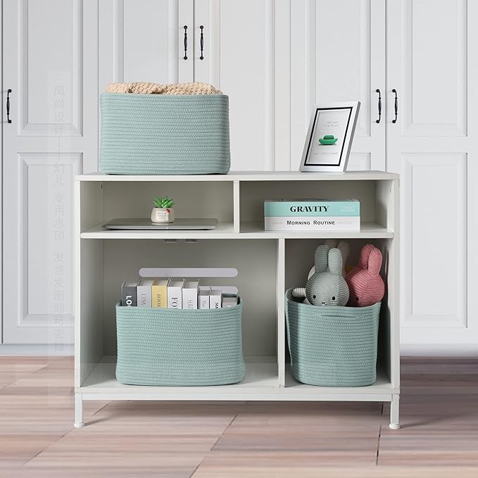 Cotton Rope storage Basket Bins Woven Basket for Organizing Shelves Rectangle Decorative Baskets For storage Clothes Toys Books Towels Square Wicker Nursery basket organizer 3 pack Green