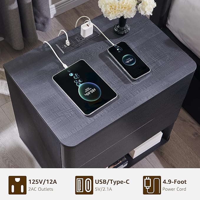 Nightstand Set of 2 with Charging Station, 22" Large Modern Bedside Table with 2 Drawers Storage,Push-to-Open End Table for Bedroom,Living Room,Black