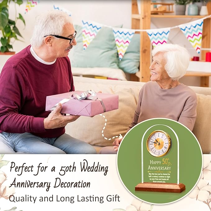 50th Anniversary Wedding Gift, Anniversary Quartz Clock, Desk Table Clock, 50 Years of Marriage, Golden Wedding for Couple, Parents, Grandparents (Wooden Base with LED Light)