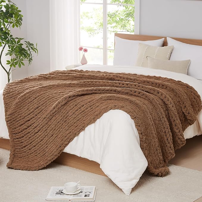 L'AGRATY Chunky Knit Blanket Throw: 80''x90'' Chenille Chunky Knitted Throw Blanket for Bed Couch - Handmade Thick Big Cable Knit Blanket - Large Chunky Crochet Rope Blanket for Home Decor(Brown)