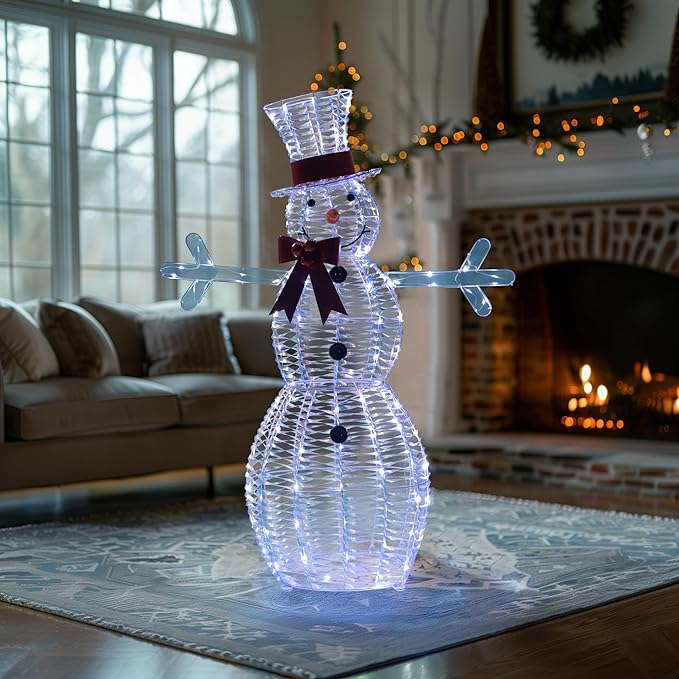 4.5FT Lighted Snowman for Christmas Decoration, 3D Pre-Lit Iridescent Snowman Xmas Decor with 100 LED Lights, Glittered Standing Holiday Display for Outdoor, Indoor