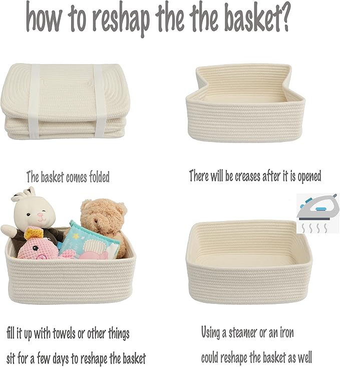 Small Woven Storage Baskets 12“X8”X5“ Decorative Rope Bins for Organizing Shelves, Closets, and Toys, Empty Gift Baskets, Cute Organizer Basket for Home and Office (white, regular)