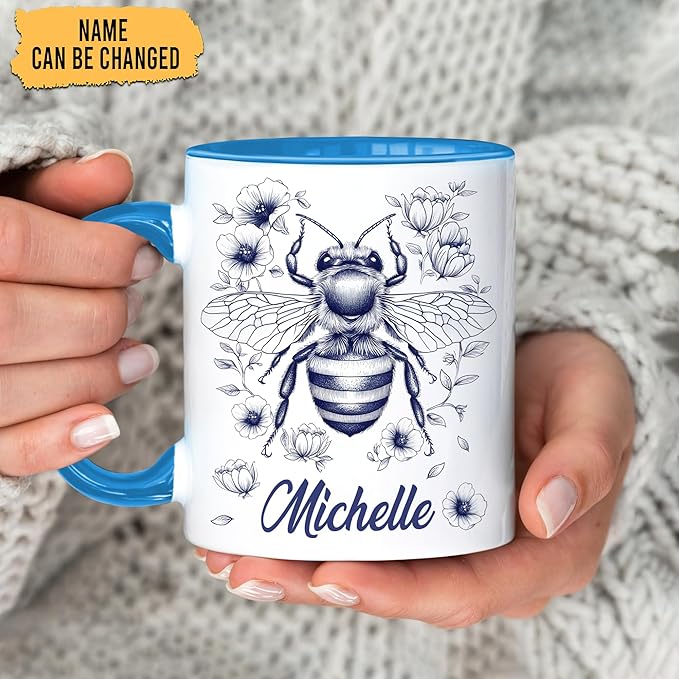 Hyturtle Personalized Floral Bee Mug - Bee Keeper Gifts For Women Lovers Teacher - Honey Gifts For Beekeeper Farmer On Birthday - Queen Honeycomb Decor - Custom Coffee Cup Ceramic Mug 11 Oz 15 Oz