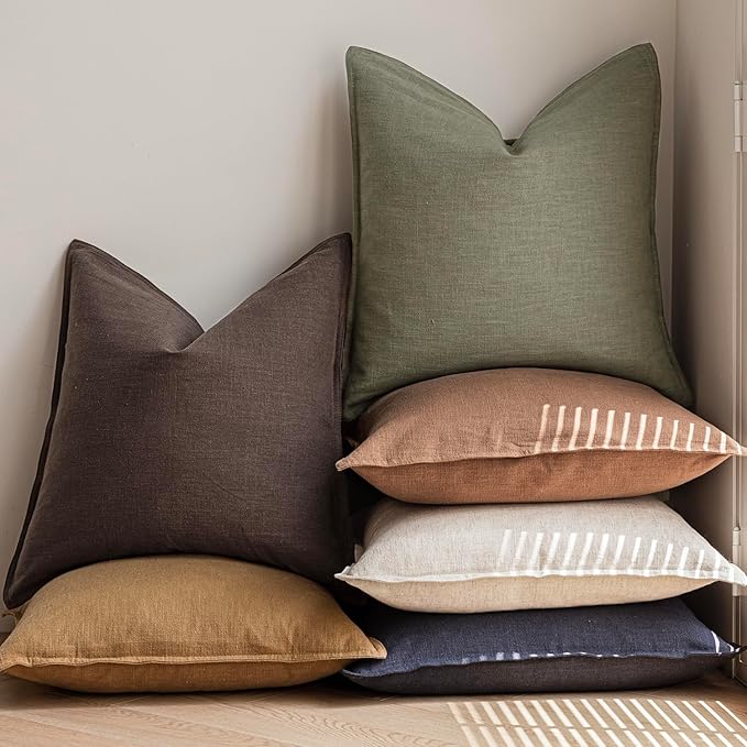 Foindtower Pack of 2, Decorative Linen Soild Throw Pillow Covers Soft Accent Cushion Case Farmhouse Neutral Pillowcase for Chair Couch Sofa Bedroom Living Room Home Decor 24x24 Inch Olive Branch Green