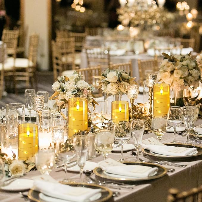 NURADA 3"x6"Flickering Flameless Candles: Built-in Star String Lights Acrylic Battery Operated LED Pillar Candles with Remote and Timer for Romantic Mood Home Decoration - 2 Pack Gold