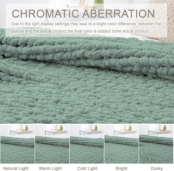 Chunky Knit Throw Blanket 50"X 60", 100% Handmade with Soft Chenille Yarn, 4.4lbs Thick Cable Knitted Blankets, Large Rope Knot Crochet Throws for Couch Sofa Bed Home Decor, Sage Green