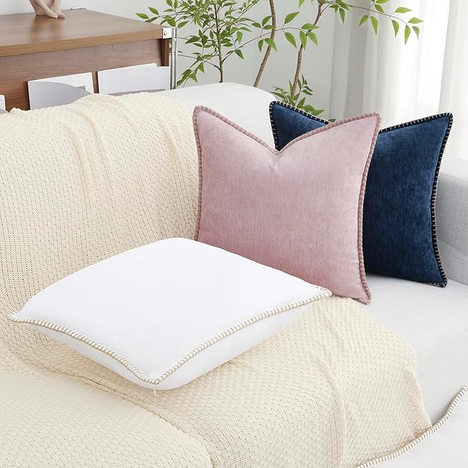 decorUhome Chenille Soft Throw Pillow Covers 20x20 Set of 2, Farmhouse Velvet Neutral Decorative Euro Pillow Covers with Stitched Edge for Couch Sofa Bed Home Decor, White