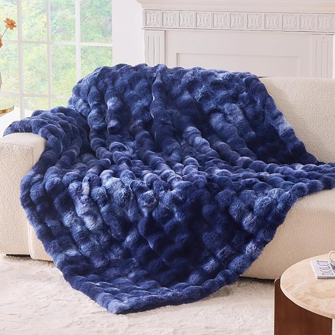 BENVWE Fluffy Faux Fur Throw Blanket for Couch, Soft Plush Thick Cozy Fuzzy Luxury Minky Bubble Blanket for Home Living Room Decor Gift for Women, Tie-dye Blue, 63" x 80", 1100GSM