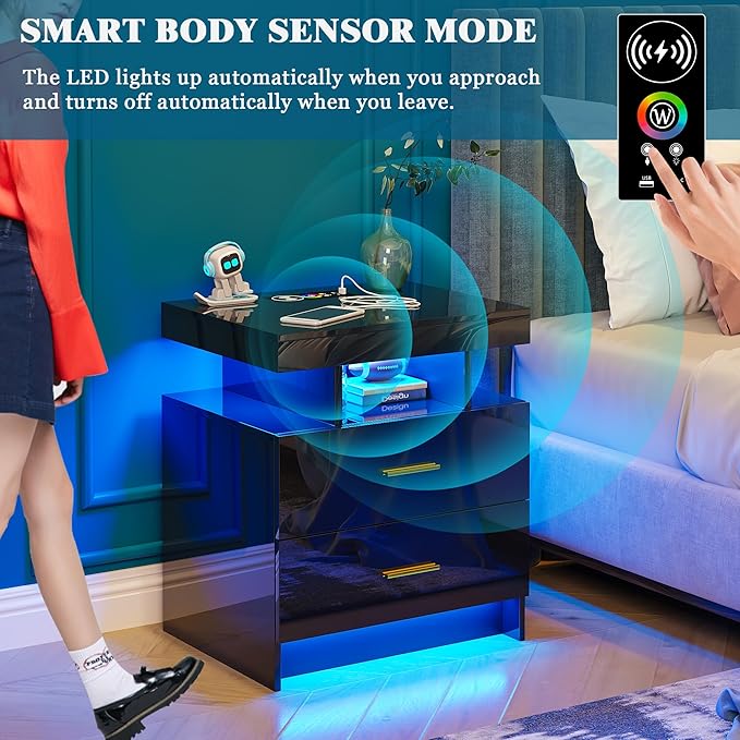 Night Stand with Light, High Gloss Nightstand with USB/Wireless Charging Station, LED Black Nightstands with Storage Drawers, RGB Side End Table for Bedroom Furniture（Black）