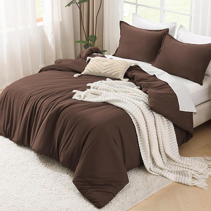 Litanika Brown Comforter Set Queen Size, 3 Pieces Lightweight Solid Bedding Comforter Set, All Season Fluffy Bed Set (90x90In Comforter & 2 Pillowcases)