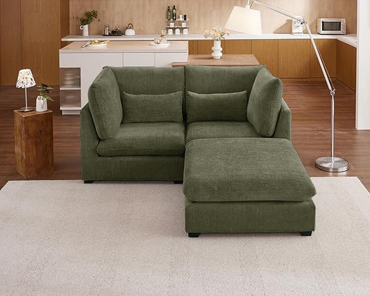 Oversized Modular Sofa, Extra Deep Cloud Corduroy Sectional Couch with Ottoman Chaise, Fluffy Chenille L-Shaped Sofas for Living Room, Villa (Loveseat+Ottoman, Chenille Green)