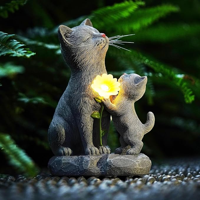 Solar Cat Garden Statue Outdoor Decor - Mother & Kitten Figurines with Flower LED Light, Outside Yard Art Patio Balcony Lawn Ornament, Unique Gifts for Cat Lover