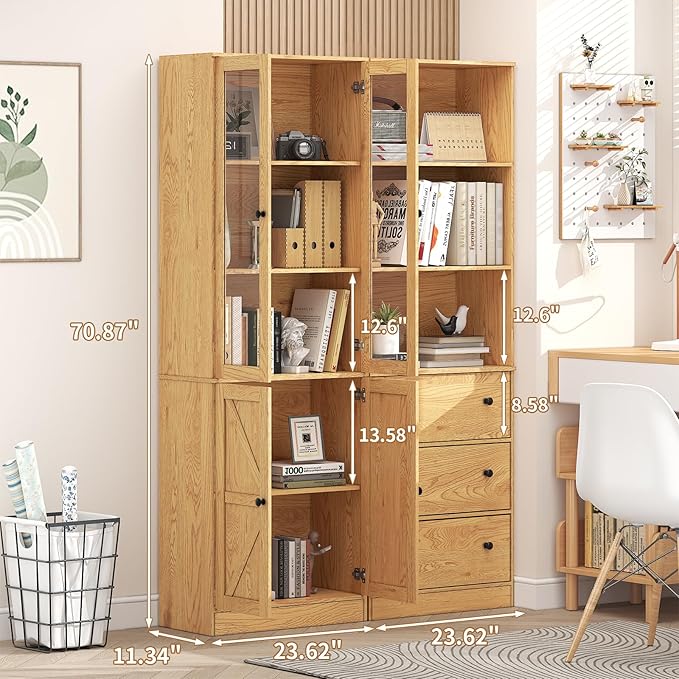 71" Tall Bookshelves Set of 2, Bookcase with Drawers & Bookshelf with Doors, Wooden Bookshelves Floor Standing Display Storage Shelves Home Decor Furniture for Home Office, Living Room,Natural