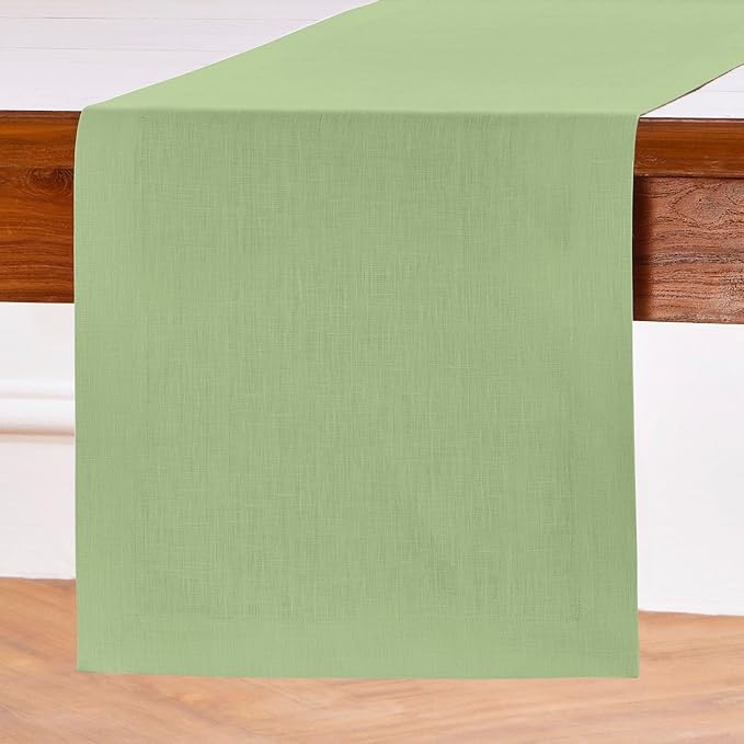 Solino Home Linen Table Runner 90 Inches Long - 100% Pure Linen Laurel Green Dining Table Runner 14 x 90 Inch for Fall, Autumn, Thanksgiving - Fete