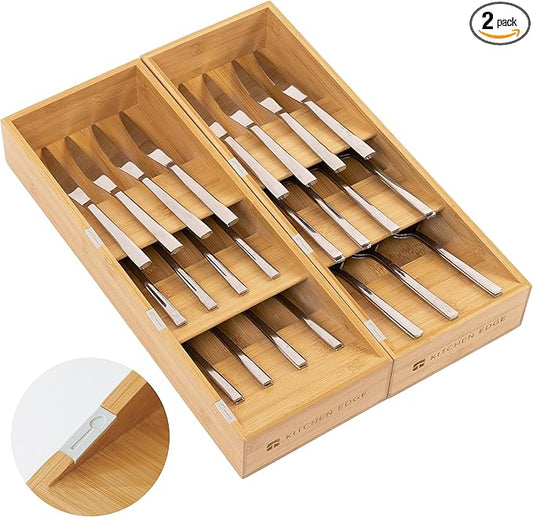 Premium Cutlery, Flatware, and Silverware Drawer Organizer – Slanted 3-Compartment Design with Labeled Slots, Non-Slip Feet, 100% Sustainable Bamboo, 2 Pack