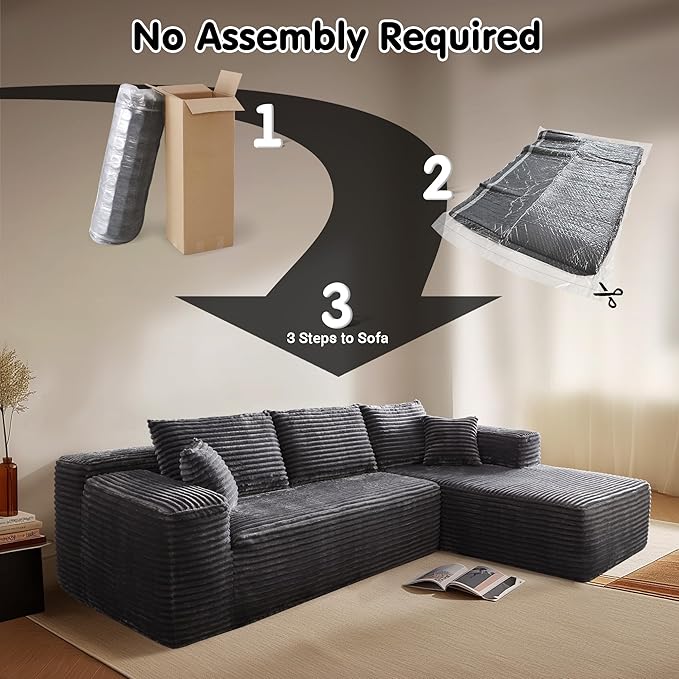 ovios 104" Cloud Sectional Couch with L-Shape Chaise,Modern Modular Sofa with Deep Seat, Upholstered Couches for Living Room Bedroom,No Assembly Required, Grey (Plush Corduroy Fabric)