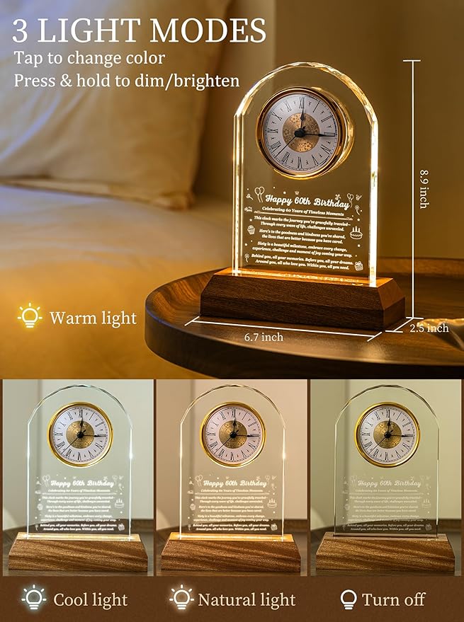 60th Birthday Clock Gifts for Women and Men – Gift for 60 Year Old Mom, Dad, Grandma, or Grandpa with Wooden LED Light Base – Birthday Present Ideas for Her or Him with Gift Box Battery Not Included