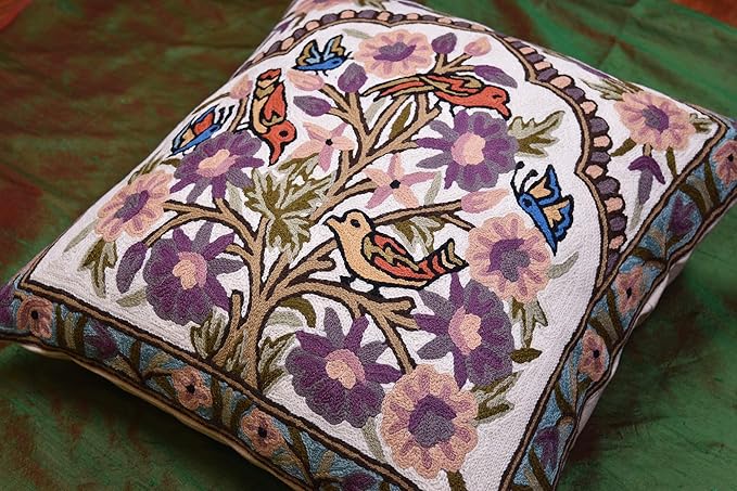 Tree of Life Pillow Cover Lavender Floral Pillowcase Botanical Flower Pillows Plants Farmhouse Traditional Chair Cushions Needlepoint Hand Embroidered Wool Size - 18x18