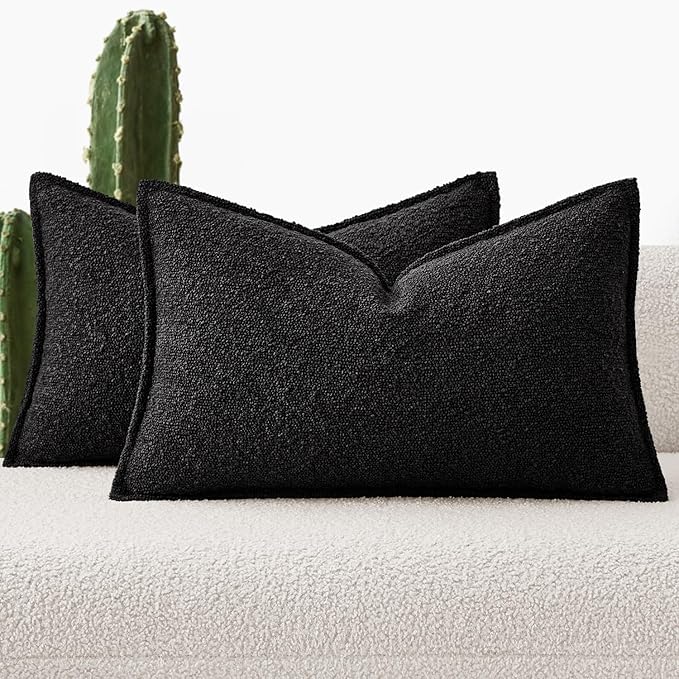 MIULEE Pack of 2 Decorative Textured Boucle Throw Pillow Covers 12x20 Inch Black Broadside Thick Boho Lumbar Pillows for Farmhouse Accents Sofa Couch Bedroom Living Room Home Decor