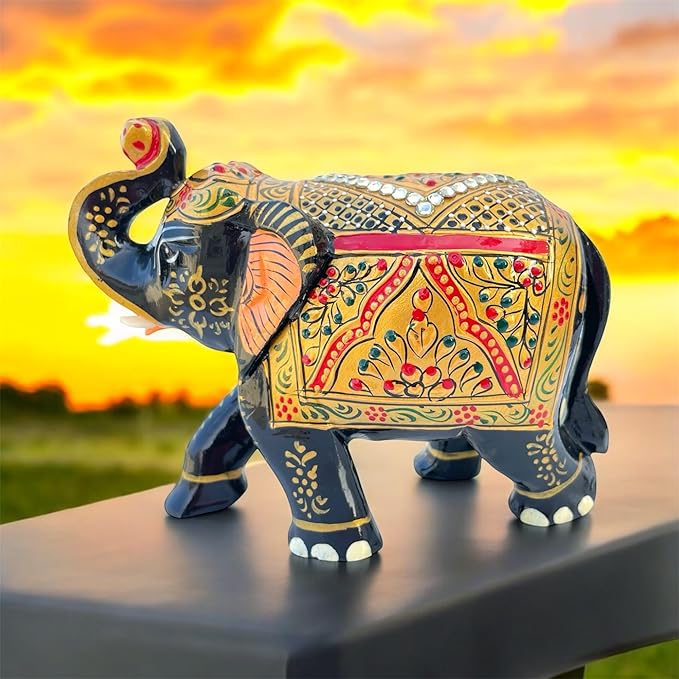 Handcrafted Wooden Elephant Figurine – Traditional Artwork, Gold & Gemstone Embellishments – Lucky Decorative Elephant Statue for Prosperity | Beautiful Elefantes Decorativos para Sala (Black & Gold)
