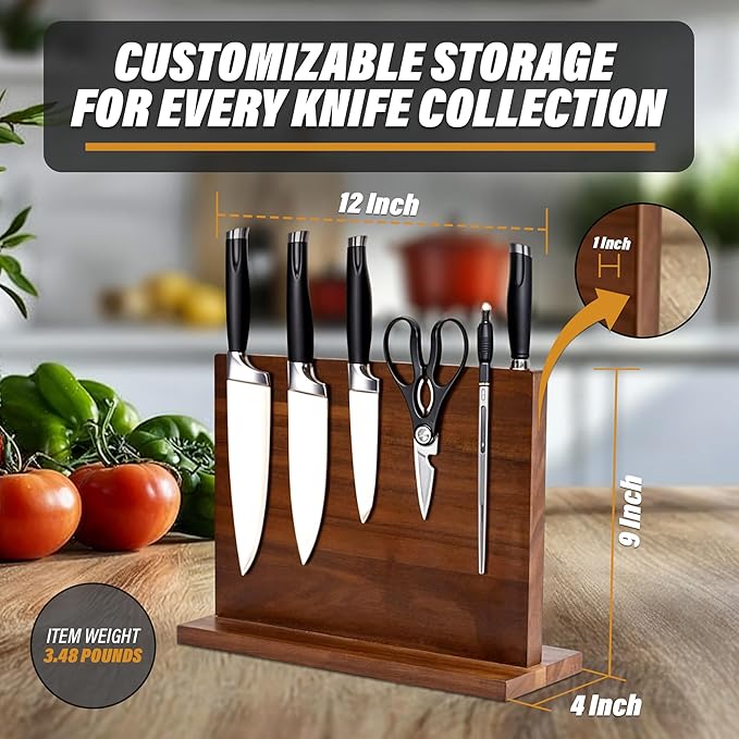 YeloIris Wooden Magnetic Knife Holder - Dual - Sided Stand with Enhanced Magnets for Multifunctional Kitchen Knife Storage - Stylish, Durable, and Strong (Knives Not Included) - 12" x 9" - 3.48 lbs