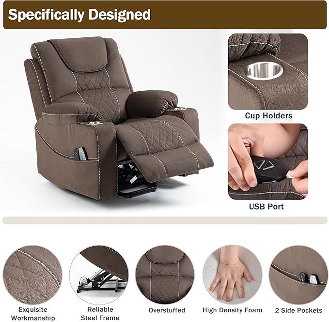 Power Lift Recliner Chair for Elderly with Massage and Heating, Ergonomic Electric Recliner Chair Single Sofa for Adults with Remote Control USB Port, Cup Holders, Side Pockets