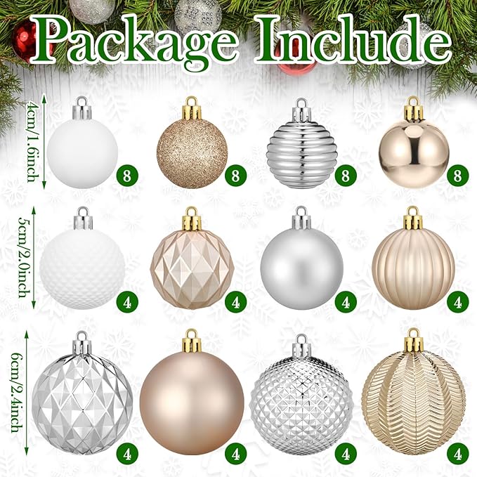 64 Pcs Christmas Ball Ornaments Champagne Gold Silver White Xmas Ornaments Sets 1.6/1.97/2.4 Inch Shatterproof Glitter Xmas Balls Assorted Holiday Neutral Modern Christmas Decor for Tree Home