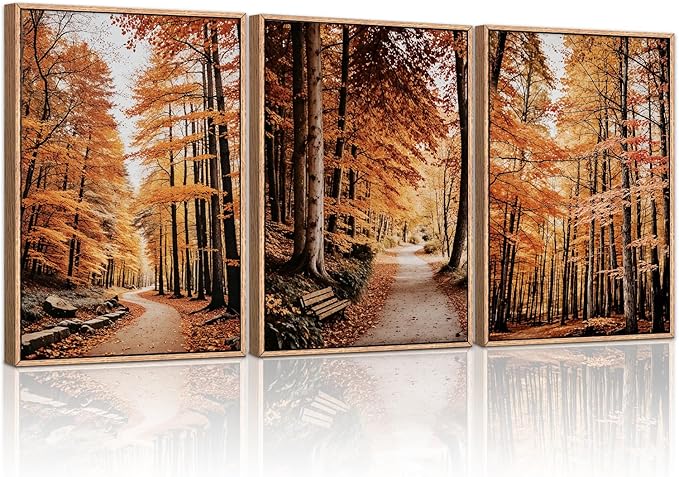 HLNIUC Autumn Forest Framed Canvas Wall Art,Fall Nature Pictures Wall Decor Set of 3(16”x24”) Large Maple Trees Trail Scenery Wall Painting,Modern Fall Landscape Art Print for Living Room,Bedroom