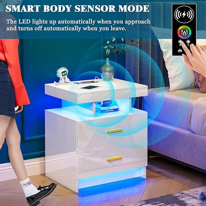 Night Stand with Light, High Gloss Nightstand with USB/Wireless Charging Station, LED White Nightstands with Storage Drawers, RGB Side End Table for Bedroom Furniture（White