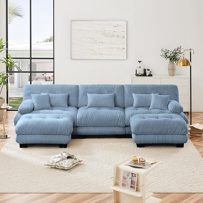 Modular Sectional Sofa, Comfy Cloud Couch 3 Seater Couch with Ottoman, Sectional Couches for Living Room, Modern Chenille U Shaped Couches, Sleeper Deep Seat Sofa with Throw Pillows, Blue