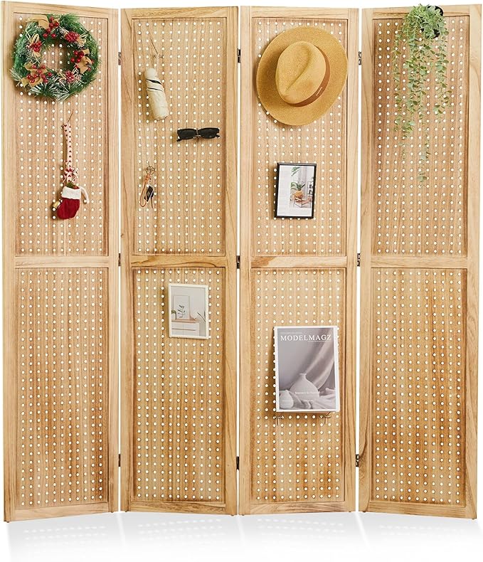 Room Divider Freestanding Folding Pegboard Privacy Screen | 4-Panel Display Stand for Jewelry, Craft Shows, Retail | Natural Wood, Portable & Space-Saving Design (Natural)