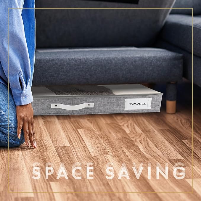 HOMELUX THEORY 2pc Low Profile Under Bed Storage Containers, Thin Under Couch Storage Organizer with Bins & Lids, Underbed Storage Box Ideal for Seasonal Clothes, Blankets, Fabric & Shoes (LightGray)
