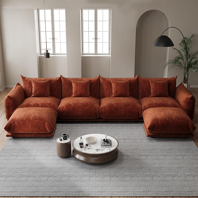 Modern Minimalist Chenille Modular Sectional Sofa, Oversized U-Shaped Couch with Movable Ottoman, Thick Cushions, Upholstered Sofa for Living Room, Bedroom, Office, Apartment Orange 2 Ottoman