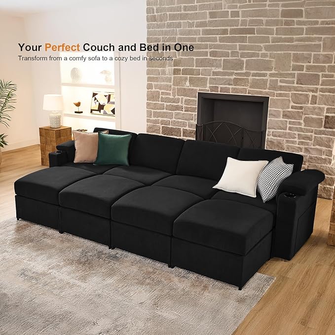 Modular Sectional Sofa Couch for Living Room Velvet Cloud Couches Oversized U Shaped Sectional Couch Convertible Sleeper Sofa Chaise Padded Armrests Cup Holder (Black, 8 Seats)