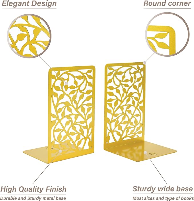 CNK Book Ends Bookends for Decorative Books Holder Bookend Shelves End Hold Heavy Duty Holders Stoppers Metal Stopper Cute Boho Bookshelf Holds Cookbook Office Home Set of 4 Bookends Pair Gold