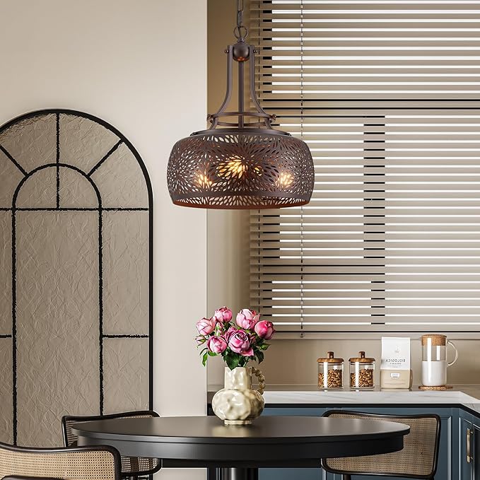 WUZUPS Chandelier Rustic Farmhouse Industrial Round Ceiling Pendant LED Light Fixture with Later-Cut Openwork Drum Shade, H 15.7" x W 13.4", Oil Rubbed Bronze
