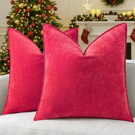 decorUhome Christmas Couch Throw Pillow Covers 16x16 Set of 2, Decorative Soft Euro Neutral Chenille Pillow Covers with Elegant Design for Sofa Bed Living Room Home Decor, Red