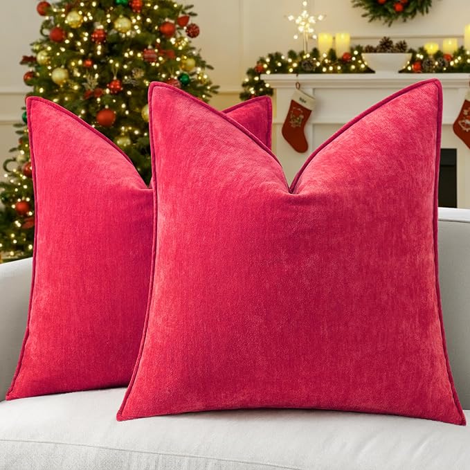 decorUhome Christmas Couch Throw Pillow Covers 20x20 Set of 2, Decorative Soft Euro Neutral Chenille Pillow Covers with Elegant Design for Sofa Bed Living Room Home Decor, Red