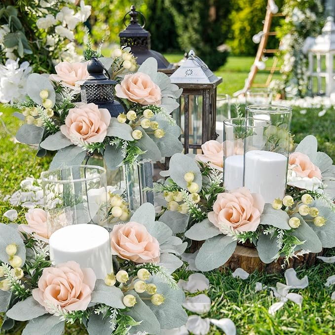 6 Pcs Wedding Rose Candle Rings Swag Wreath Artificial Floral Wreaths with Lamb Leaf Flower Candle Rings Candleholders Garland for Pillar Centerpiece Party Table Wall Window Farmhouse Decor