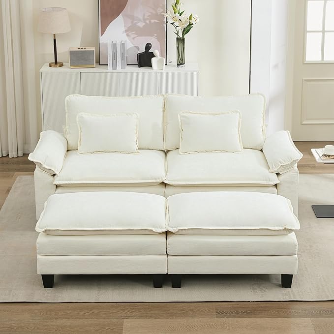 URRED Modular Sectional Sofa Comfy Cloud Couch, Modern Chenille Sofa Sleeper Deep Seat Couches with Ottoman/Pillows for Living Room (White, 82.6''- 2 Ottomans)