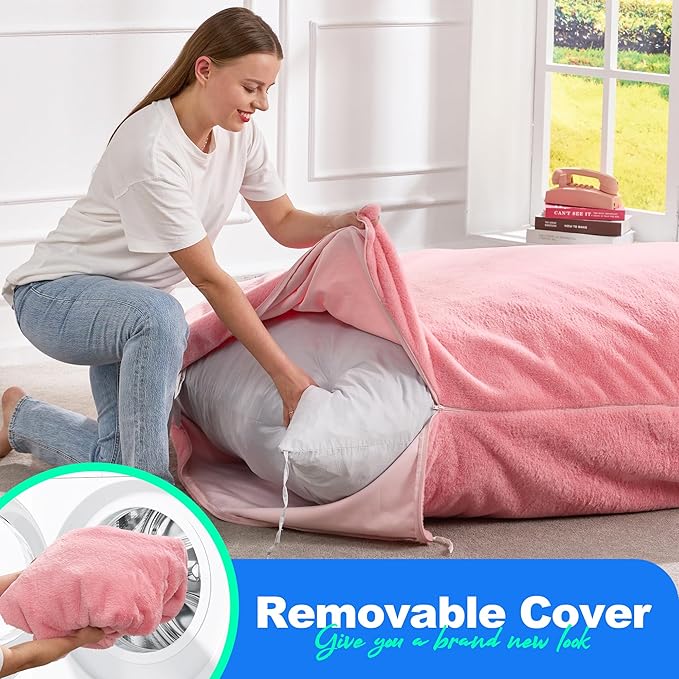 Hobestluk 3 in 1 Bean Bag Chair Giant Bean Bag Chairs for Adults with Chevron Plush Fur Cover Convertible Bean Bag Floor Cushion with Machine Washable Cover for Living Room (Plush Pink)