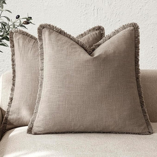 Foindtower Set of 2 Decorative Linen Fringe Throw Pillow Covers Cozy Boho Farmhouse Cushion Cover with Tassels Soft Accent Pillowcase for Couch Sofa Bed Living Room Home Decor,26×26 Inch,Brown Tan