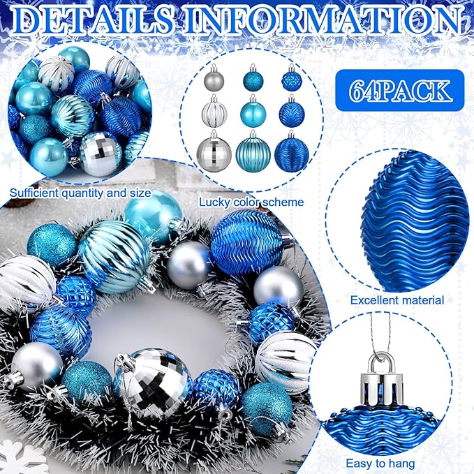 64 Pcs Winter Ball Ornaments Silver Blue Ornament for Tree 1.6/1.97/2.4 Inch Shatterproof Glitter Matt Xmas Baubles Assorted Size Winter Wonderland Ornament Decoration for Christmas Tree Party