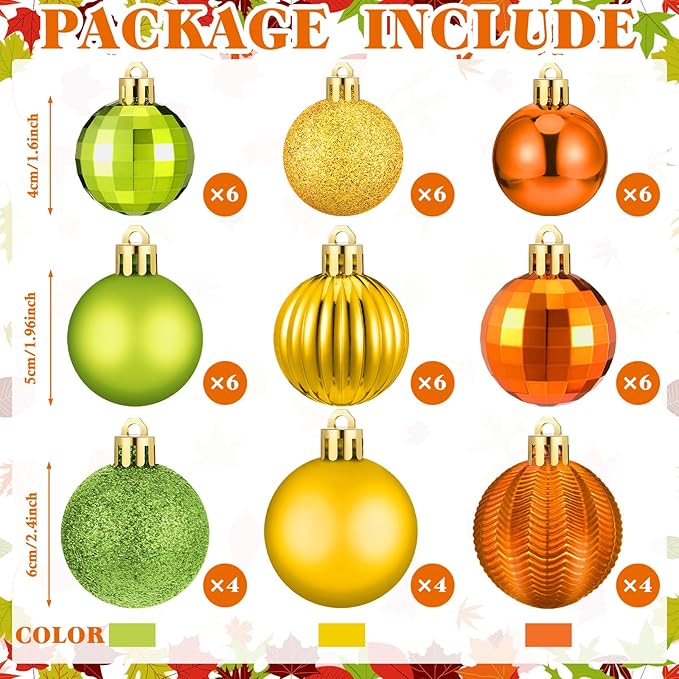 64 Pcs Fall Ball Ornaments Matt Glitter Lime Green Gold Orange Tree Ornament 1.6/1.97/2.4 Inch Autumn Thanksgiving Hanging Bulbs Fall Decorations for Home Tree Holiday Office Party Decor