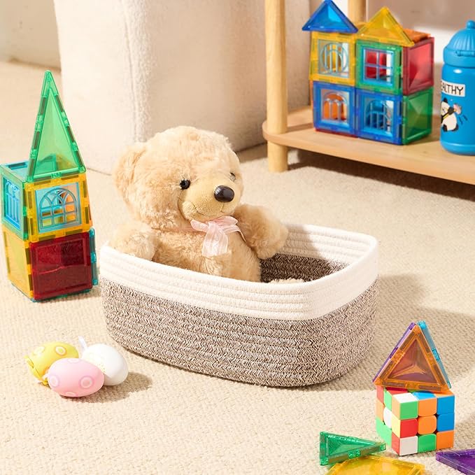 Small Storage Baskets for Organizing | Closet Organizer Bins | Shelf Toy Basket | Woven Rope Baskets | Cube Decorative Box | Shallow Basket | 11.5x7.5x4.7” | 4 Packs White Brown