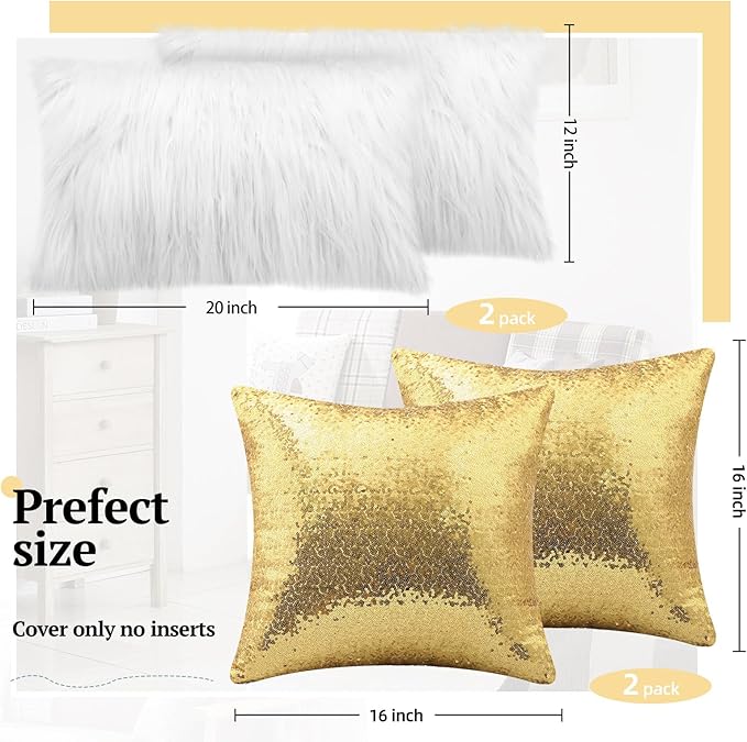 Irenare 4 Pcs Sequin and Fluffy Pillow Covers Winter Throw Pillow Cases Soft Cushion Cover for Couch Bed Sofa Xmas Day(18 x 18 Inch, 12 x 20 Inch,White, Gold)